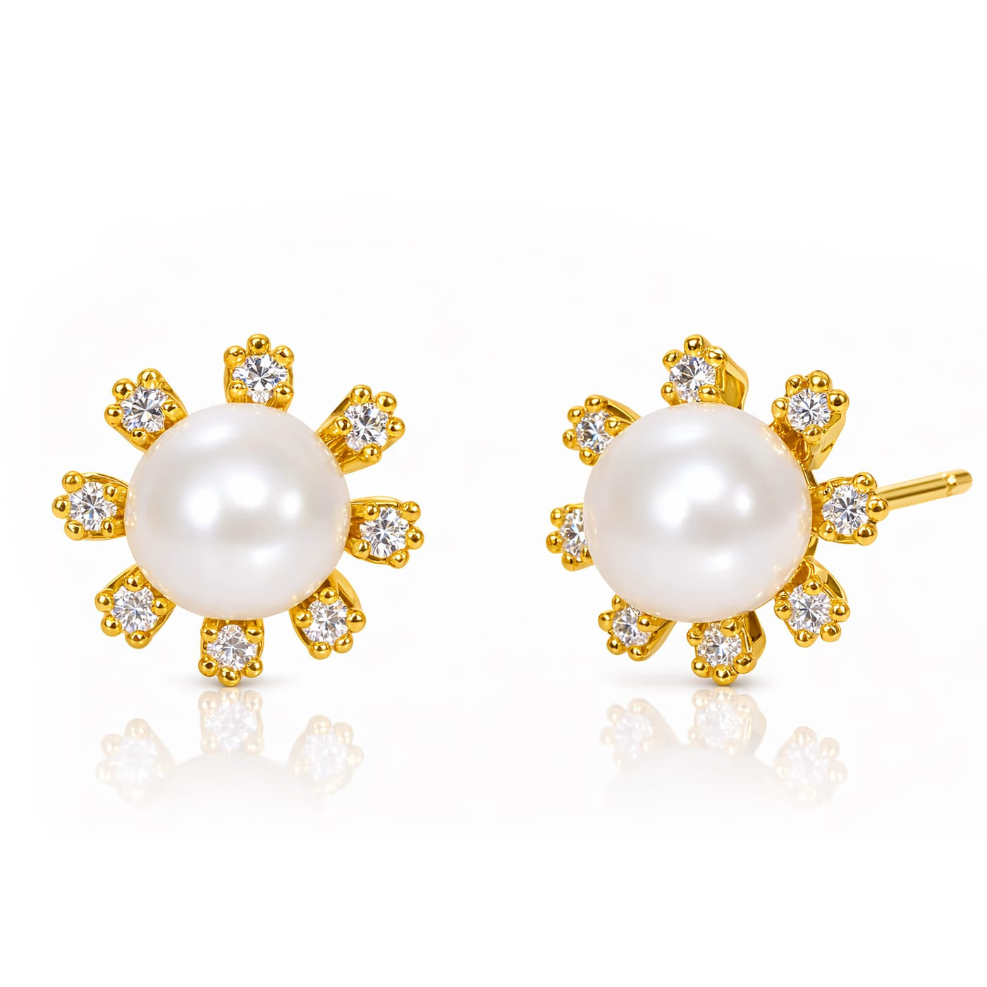 Freshwater Pearl Stud With Gold And Cz Flower Detail