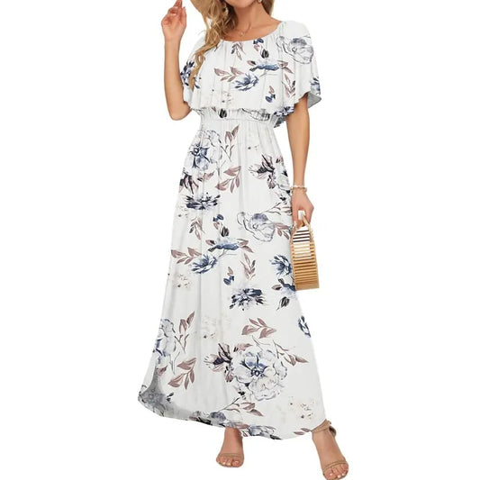 Women's Off The Shoulder Dress Wedding Guest Dress Summer Casual Long Ruffle Party Side Split Beach Maxi Dresses with Pockets