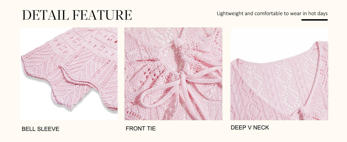 üåº Hollow Out Drawstring Flare Sleeve Cropped Top-Women Minimalist Knit Sweaterü™°