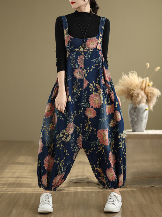 Loose Fit Floral Women's Dungarees with Elastic Cuffs