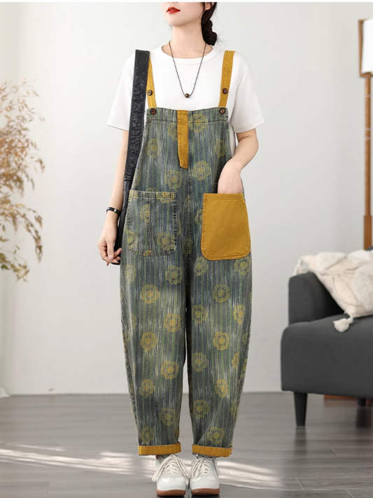 Stylish Women's Vintage-Inspired Printed Denim Dungarees | Eva Trends