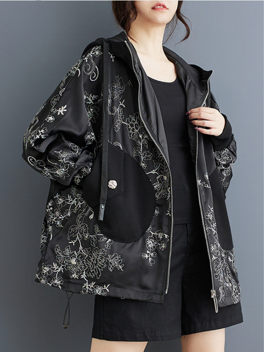 Women's Stylish & Trendy Hooded Embroidery Black Jacket