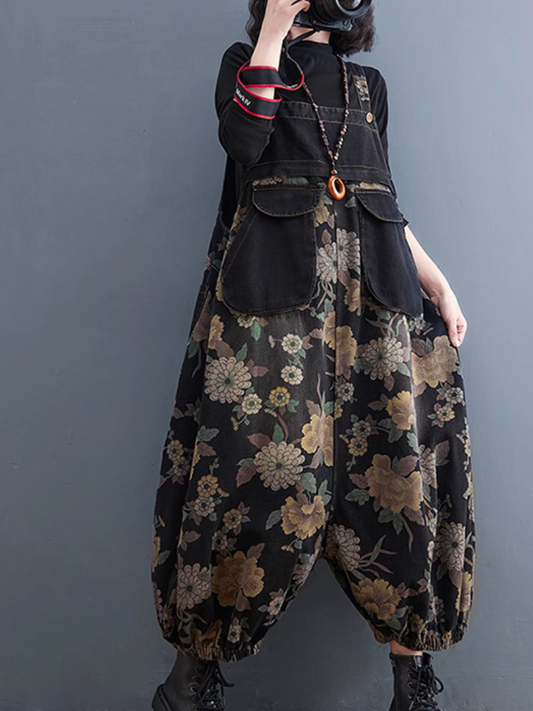 Casual Black Floral Print Women's Overalls with Side Pockets