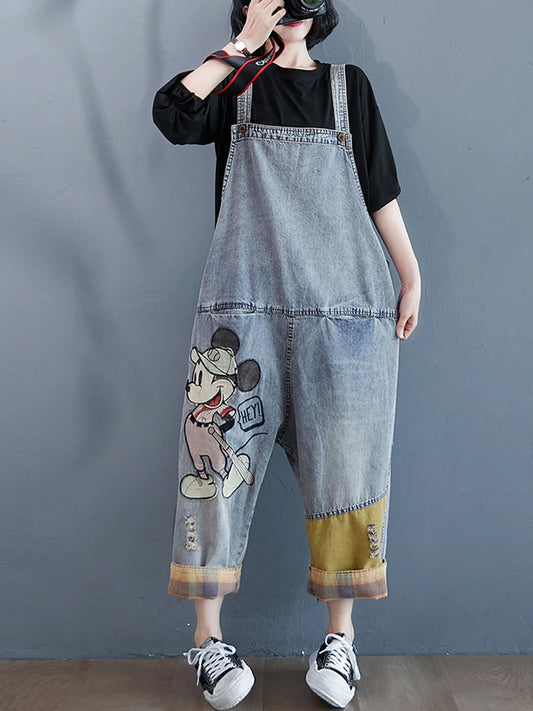 Cartoon Patch Denim Dungaree - Light Wash Relaxed Fit