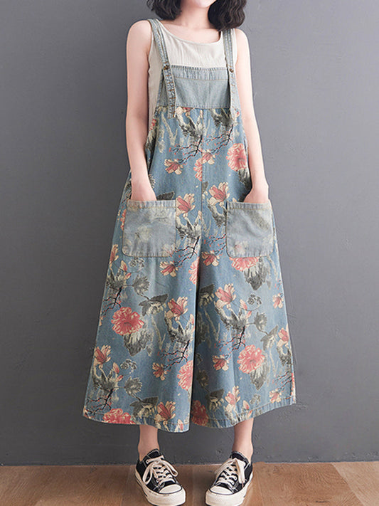 Wide-Leg Floral Denim Jumpsuit - Large Pocket Everyday Fit