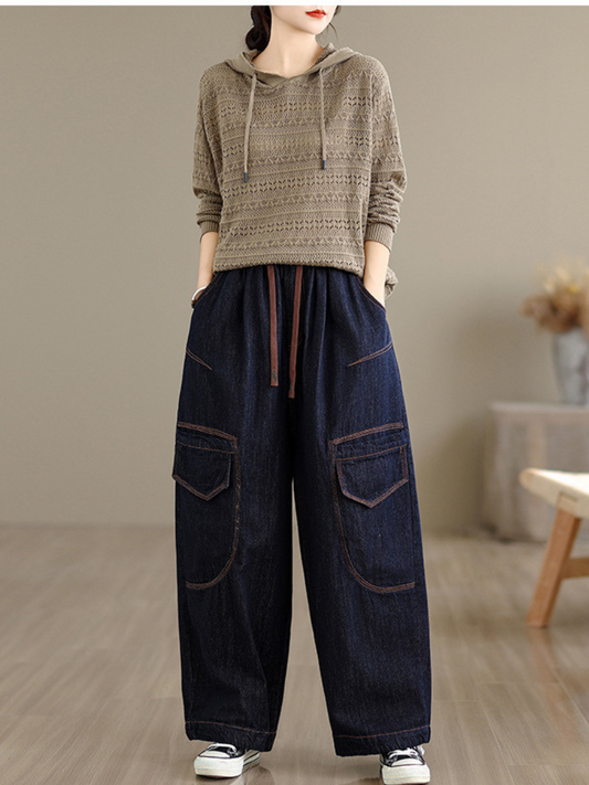 Artful Wide-Leg Denim Pants with Oversized Pockets and Drawstring Waist