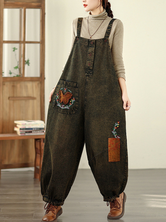 Artisanal Denim Overalls in Cotton with Embroidered Patchwork, Relaxed Jumpsuit