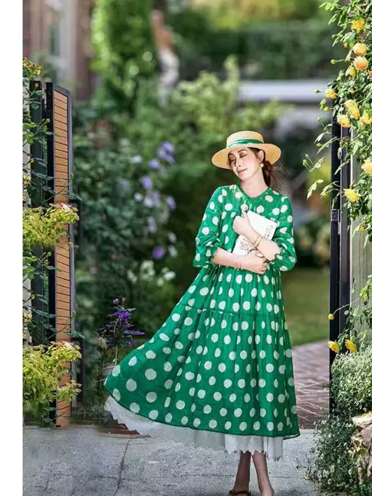 Polka Dot Tiered Midi Dress in Breathable Cotton Blend Elegance