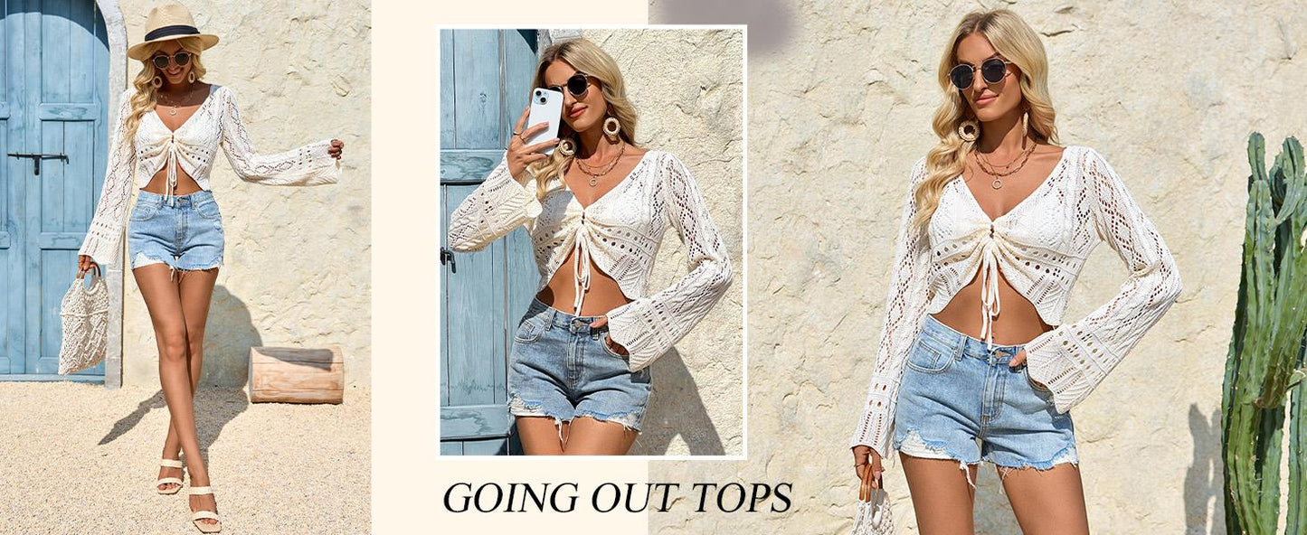 üåº Hollow Out Drawstring Flare Sleeve Cropped Top-Women Minimalist Knit Sweaterü™°