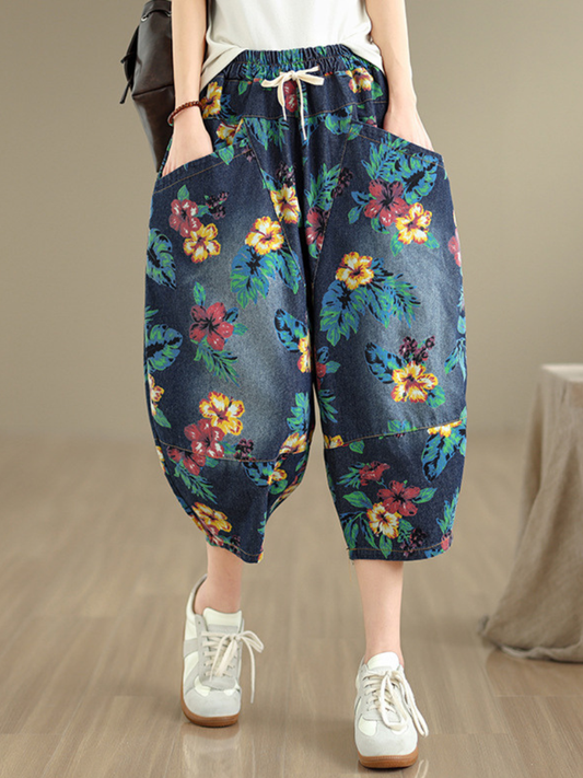 Chic Cotton Floral Harem Pants with Drawstring Waist and Oversized Pockets