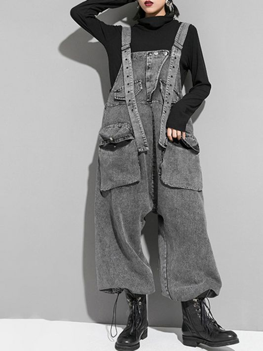 Women's Washed Grey Denim Utility Dungarees - Oversized Streetwear Overalls