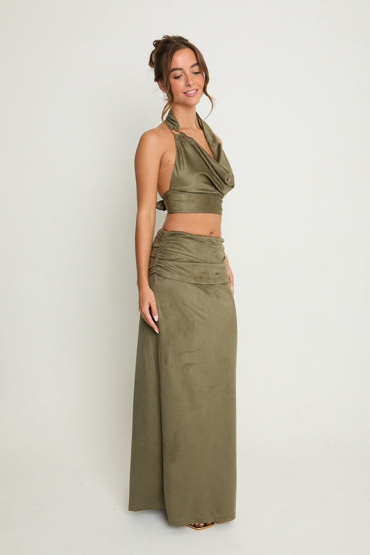 Poppy Suede Maxi Skirt | Khaki
