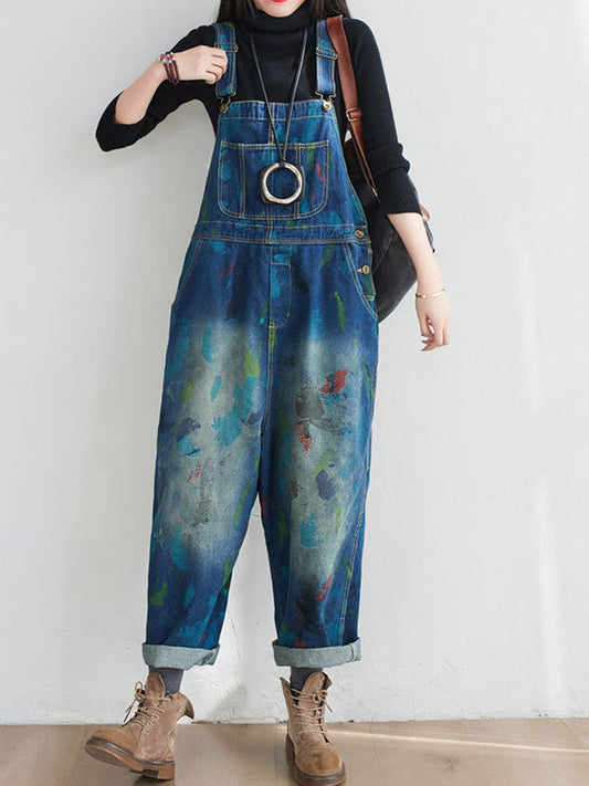 Painted Canvas Denim Dungarees - Relaxed Fit