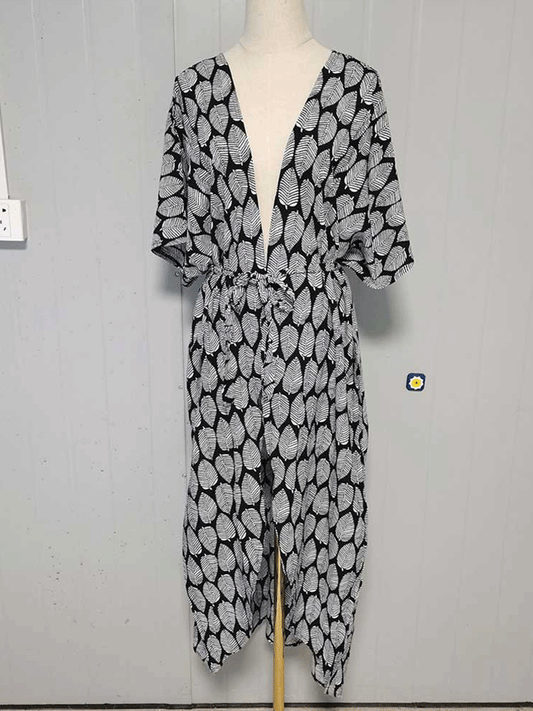 Printed Black & Yellow Color Polyester Long Length Gown Kimono Duster Robe