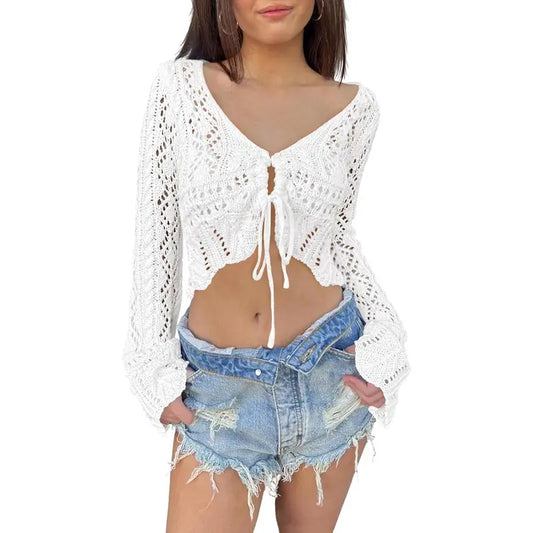 üåº Hollow Out Drawstring Flare Sleeve Cropped Top-Women Minimalist Knit Sweaterü™°