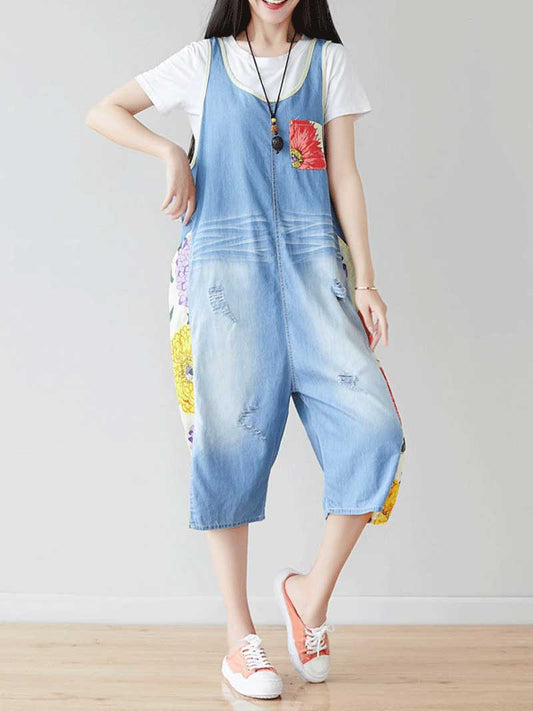 Blue Patchwork Denim Overall Dungarees
