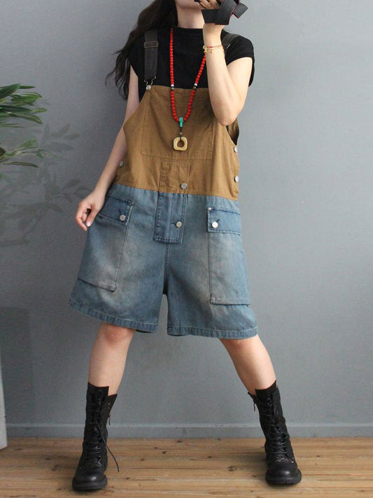Cargo Pocket Short Dungaress - Color Block Knee-Length Fit