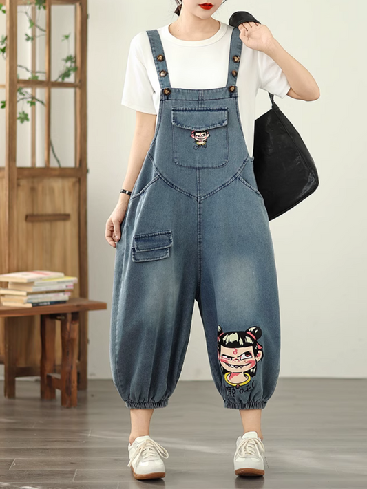 Trendy & Relaxed Cartoon Denim Dungarees for Women - Eva Trends