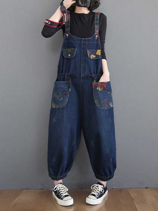 Balloon-Leg Denim Dungarees - Multi-Pocket Patch Print Design