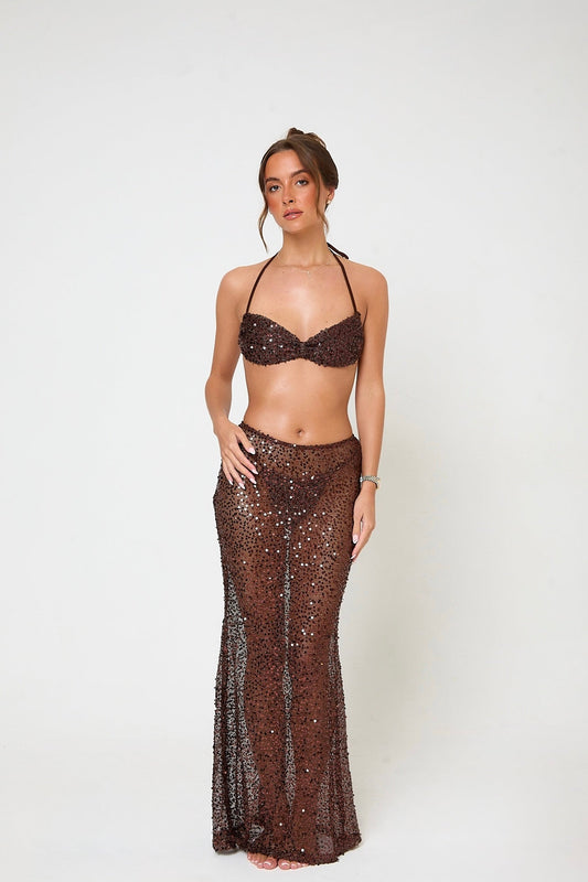 Mia Sequin Maxi Skirt | Brown