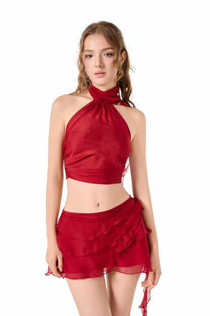 Volante Silk Chiffon Skirt - Dark Red