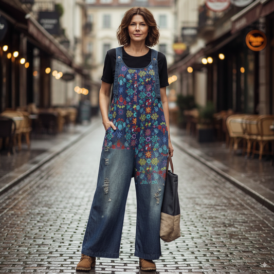 Boho Wide-Leg Denim Overalls with Vibrant Floral Print | Eva Trends