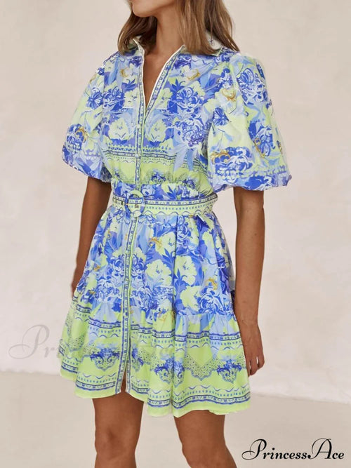 Blue And Yellow Charming Floral Print Mini Dress