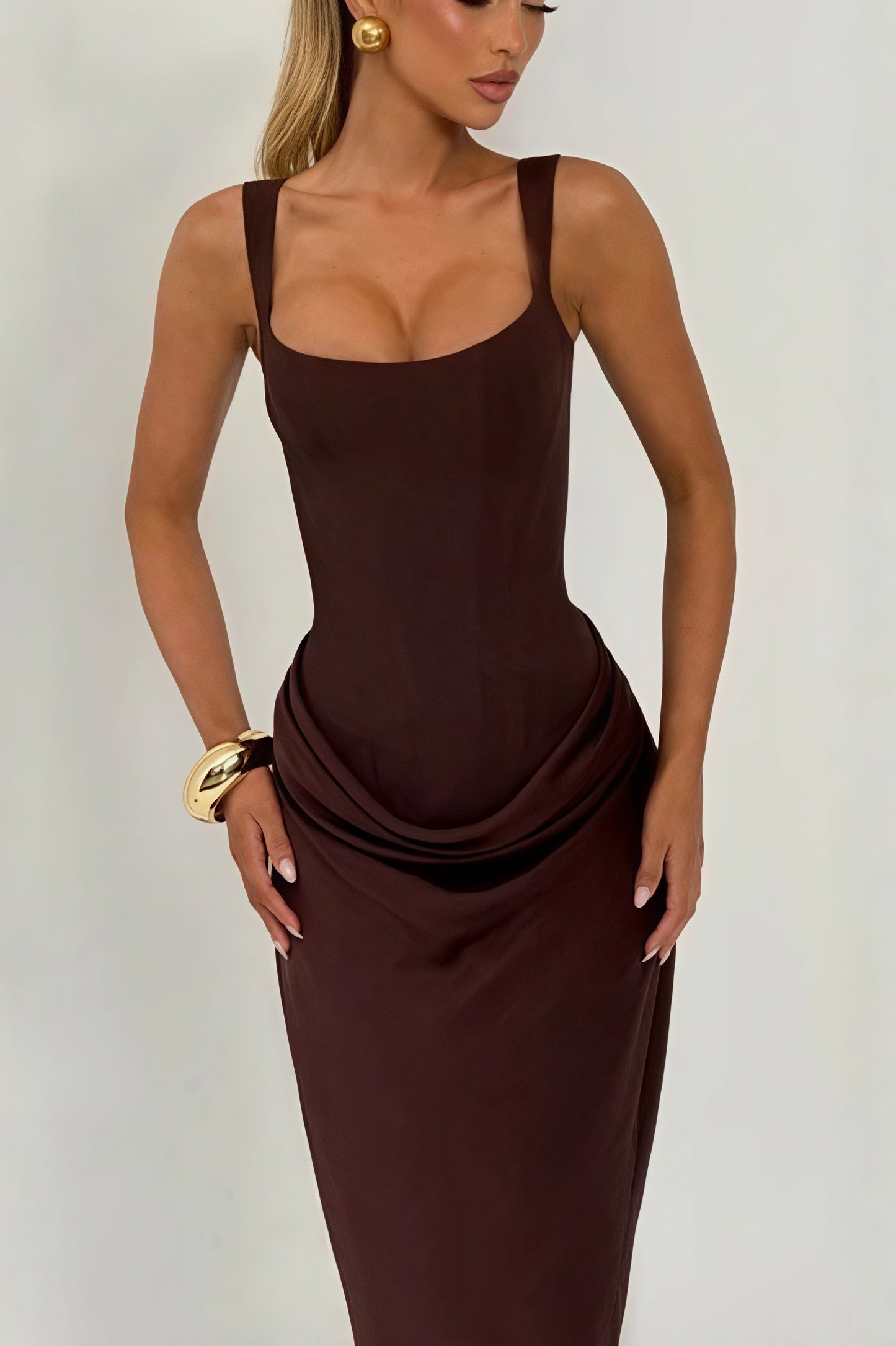 Sexy Ruched Spaghetti Strap Boned Waist Cinching Bodycon Maxi Dress