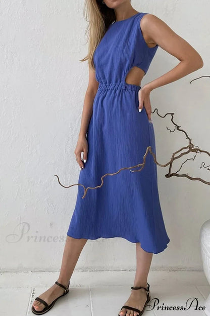 Pleated Tank Dress with Single-breasted Closure and Bare Waist