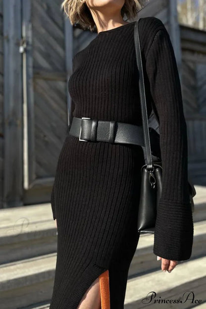 Ribbed Knit Side Slit Dress with Contrast