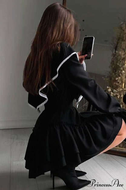 Ruffle Neck Lacework A-line Dress
