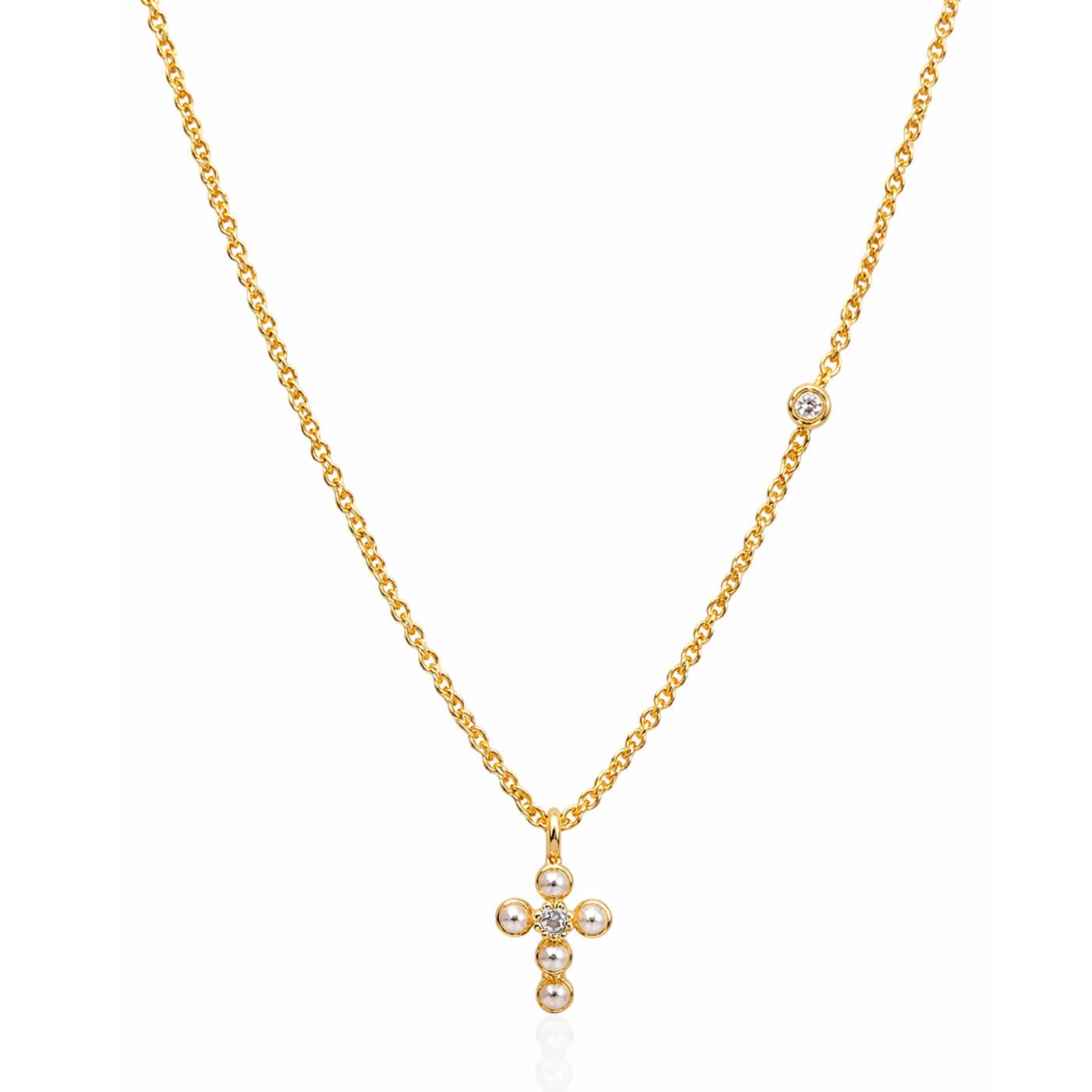 Simple Chain Necklace With Mini Gold Pearl Cross