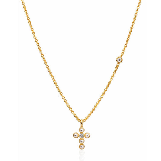 Simple Chain Necklace With Mini Gold Pearl Cross