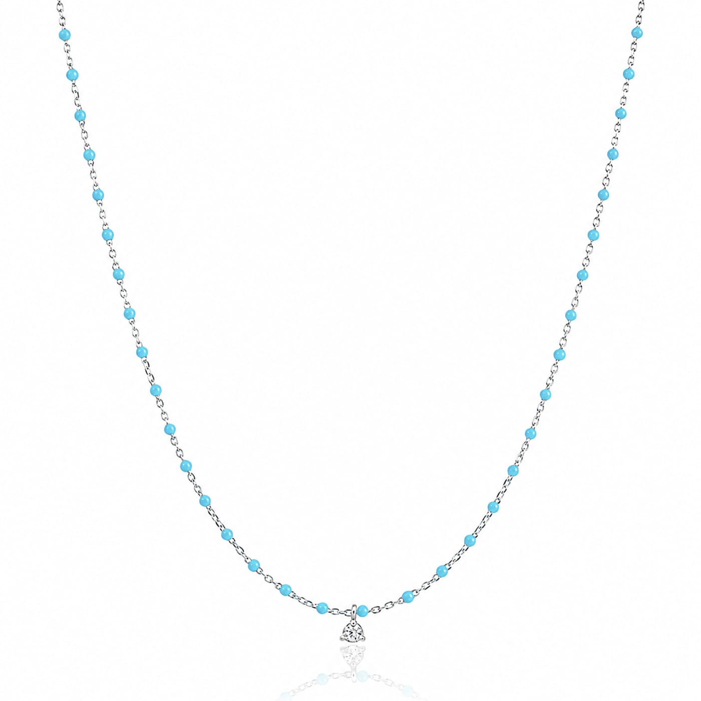 Sterling Silver Enamel Beaded Necklace with CZ (Turquoise)